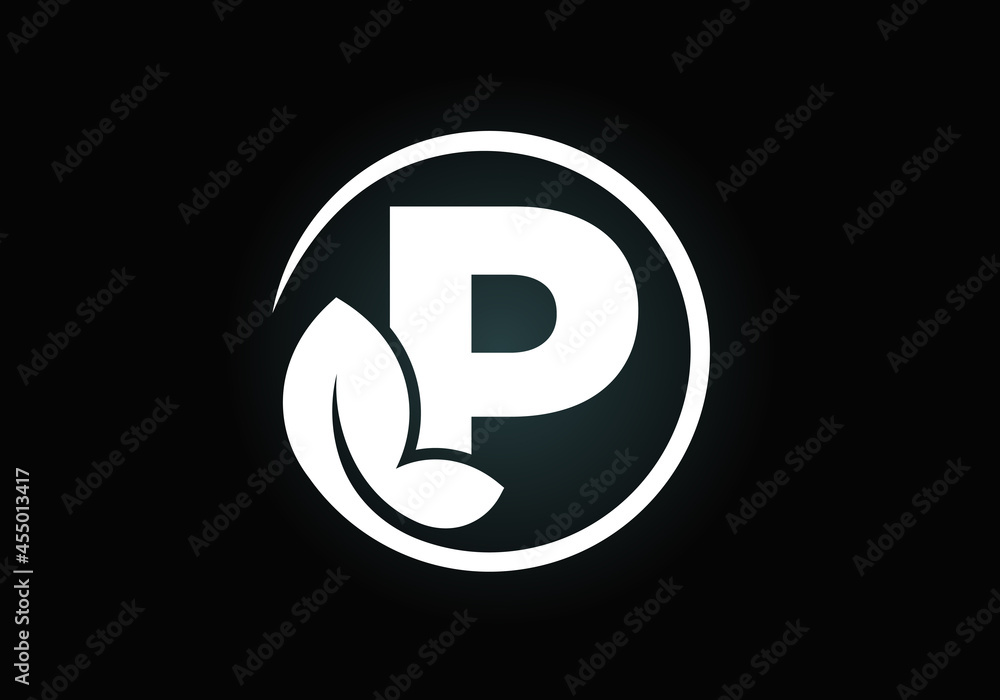 Initial P monogram alphabet with leaf. Eco-friendly logo concept. Font emblem. Modern vector logo for ecological business and company identity Initial P monogram alphabet with leaf. Eco-friendly logo concept. Font emblem. Modern vector logo for ecological business and company identity