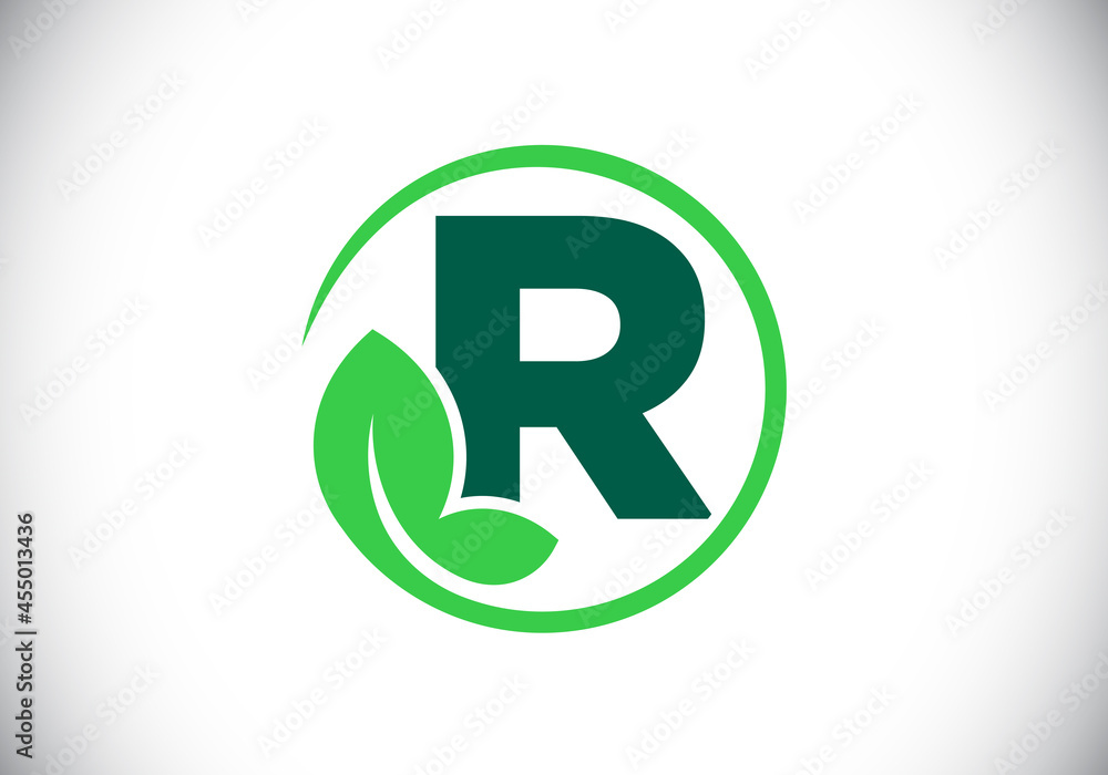 Initial R monogram alphabet with leaf. Eco-friendly logo concept. Font emblem. Modern vector logo for ecological business and company identity Initial R monogram alphabet with leaf. Eco-friendly logo concept. Font emblem. Modern vector logo for ecological business and company identity