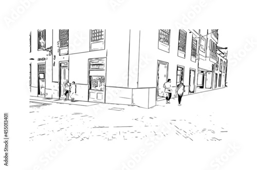 Building view with landmark of  La Laguna is the 
city in Spain. Hand drawn sketch illustration in vector.