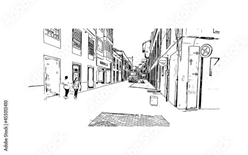 Building view with landmark of  La Laguna is the 
city in Spain. Hand drawn sketch illustration in vector.