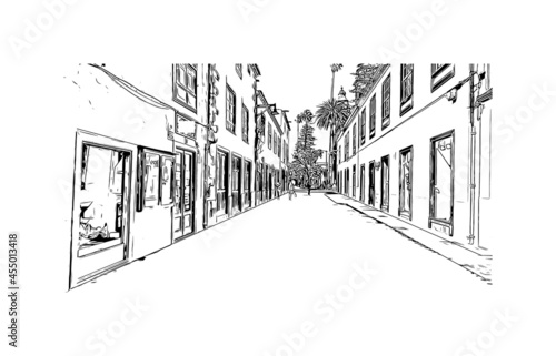 Building view with landmark of  La Laguna is the 
city in Spain. Hand drawn sketch illustration in vector.