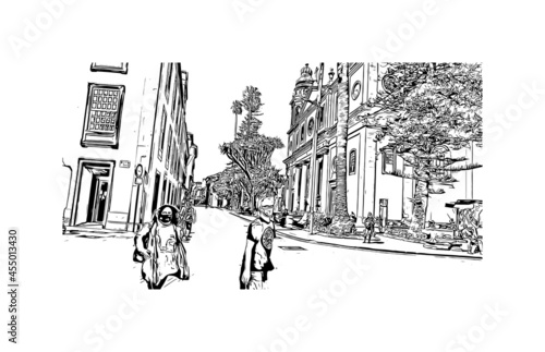 Building view with landmark of  La Laguna is the 
city in Spain. Hand drawn sketch illustration in vector.