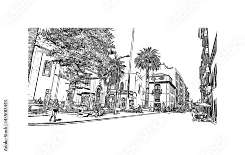 Building view with landmark of  La Laguna is the 
city in Spain. Hand drawn sketch illustration in vector.