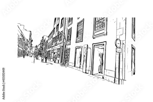 Building view with landmark of  La Laguna is the 
city in Spain. Hand drawn sketch illustration in vector.