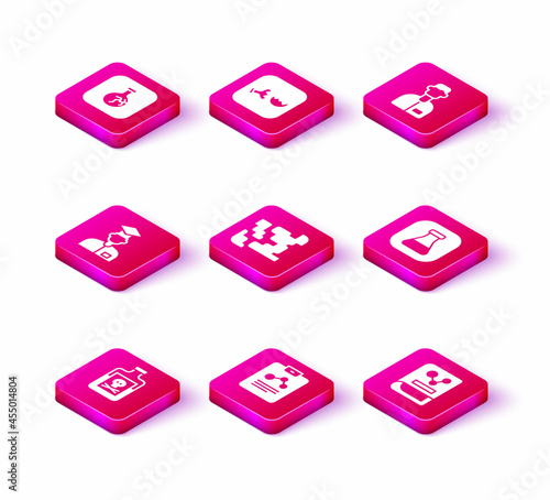 Set Poison in bottle, Chemistry report, Laboratory assistant, Gaseous, book, Test tube and flask, and Broken icon. Vector