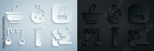 Set Test tube and flask, Gaseous, and Mortar pestle icon. Vector