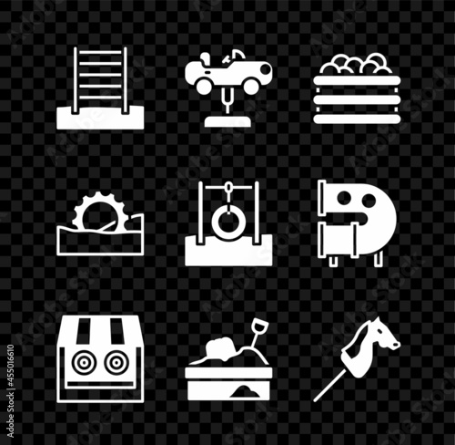 Set Swedish wall, Swing car, Pool with balls, Shooting gallery, Sandbox sand, Toy horse, Ferris wheel and Car tire hanging on rope icon. Vector
