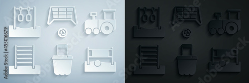 Set Sand in bucket, Toy train, Swedish wall, Volleyball net with ball, Soccer goal and Gymnastic rings icon. Vector