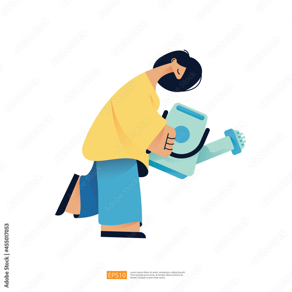 woman character holding watering can. gardening and watering houseplants flower. Hobby concept Vector illustration in flat style