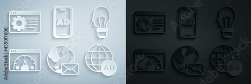 Set Earth globe with mail, Light bulb concept of idea, Website statistic, Advertising, and Browser setting icon. Vector