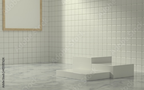 3D Product stage in bathroom scene with morning sun light