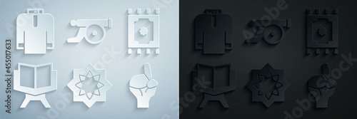 Set Octagonal star, Traditional carpet, Holy book of Koran, Hands in praying position, Ramadan cannon and Shirt kurta icon. Vector
