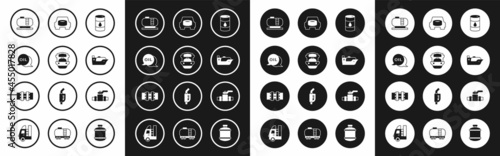 Set Barrel oil, Oil tanker ship, Word, storage, Spare wheel in the car, Metallic pipes and valve and icon. Vector