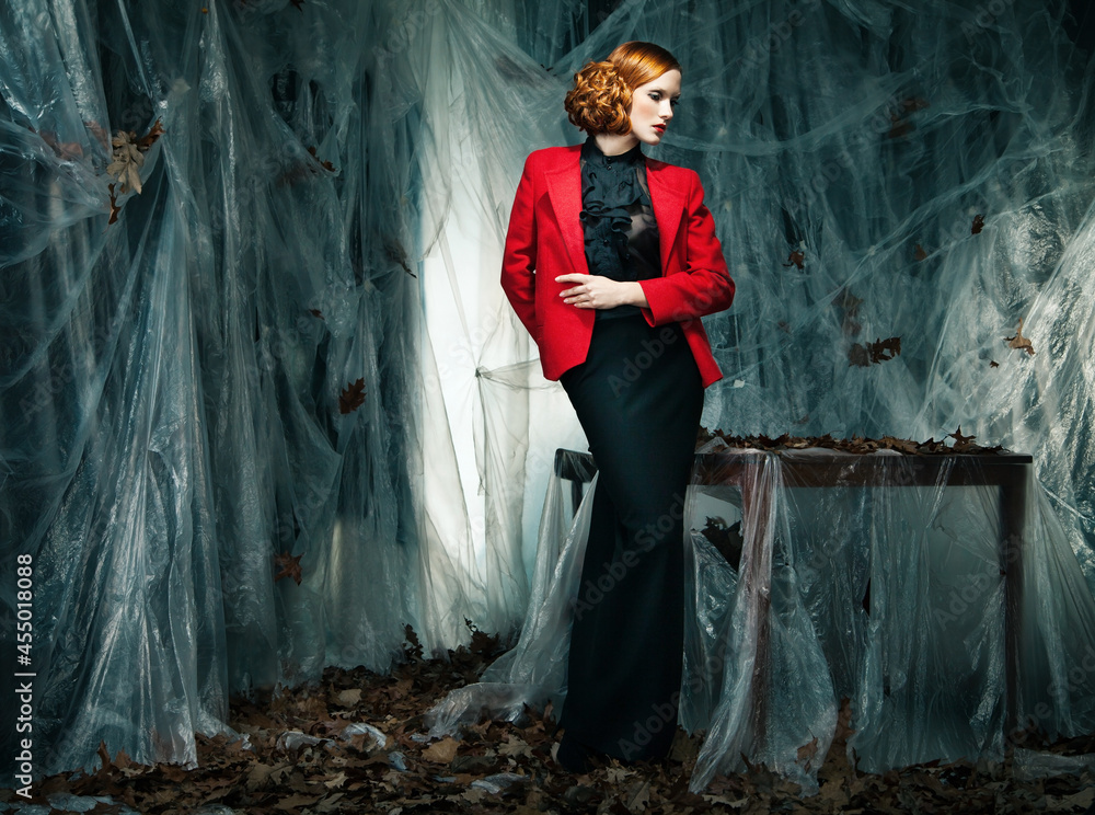 portrait of beautiful woman wearing red jacket and long skirt against autumn decoration portrait of beautiful woman wearing red jacket and long skirt against autumn decoration