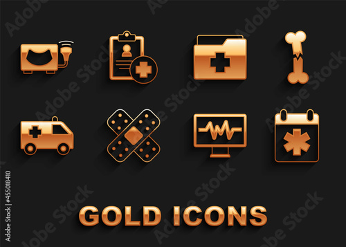 Set Crossed bandage plaster, Human broken bone, Doctor appointment, Monitor with cardiogram, Ambulance, Patient record, Ultrasound and icon. Vector