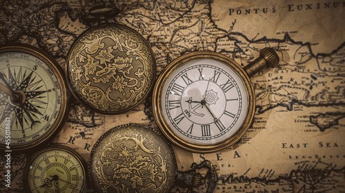 Maritime Compass And  Watch On Map