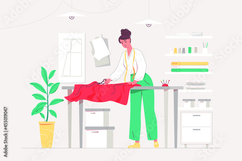 Fashion designer. Tailor creates  fashion model. Woman sewing clothes. Creation fashion collection. Vector flat illustration