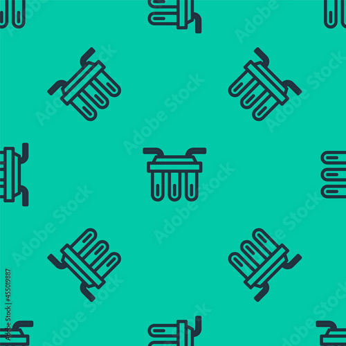 Blue line Water filter icon isolated seamless pattern on green background. System for filtration of water. Reverse osmosis system. Vector