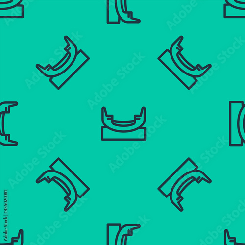 Blue line Boat swing icon isolated seamless pattern on green background. Childrens entertainment playground. Attraction riding ship, swinging boat. Amusement park. Vector