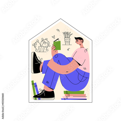 Man reads book and sits on books in linear house. Vector flat cartoon illustration on white background. Trendy character for landing page, banners, advertising, online bookstore and book shop