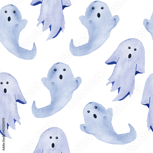 Hand drawn watercolor seamless pattern of Halloween fall autumn pastel soft blue ghosts apparitions on white background. Horror goth gothic cards, invitation, Halloween design, Cute kawaii painting