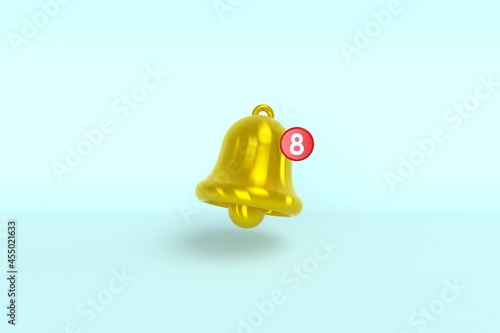 Minimal notification bell with new notification on blue background. 3D rendering