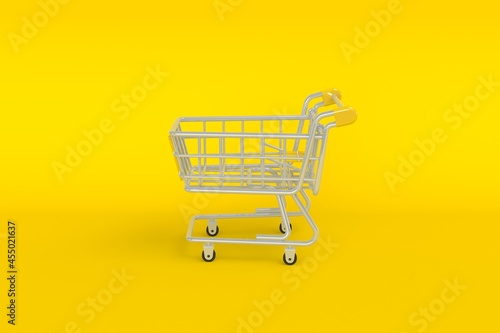 Minimal empty top view mini shopping cart or trolley shopping on yellow background, concept shopping in supermarket. 3D rendering