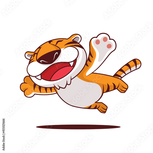 Cartoon cute tiger spread arms and flying high. Vector character