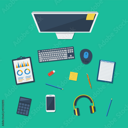 Workplace for business, management and IT. Top view of table, computer, keyboard, mouse, documents, notepad, headphone, pencil, calculator, pen, usb, smartphone, report, notebook.
