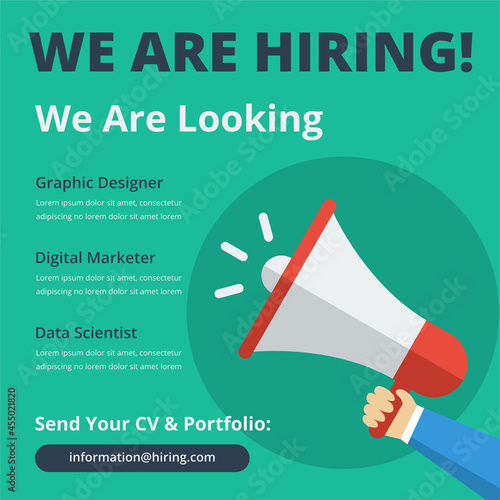 Join our team banners. We are hiring communication poster, help wanted advertising banner with speaker and vacant badge. Hr recruiting hire, vacancy job offer vector social media template.
