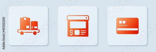 Set Online ordering and delivery, Hand truck boxes and Credit card. White square button. Vector
