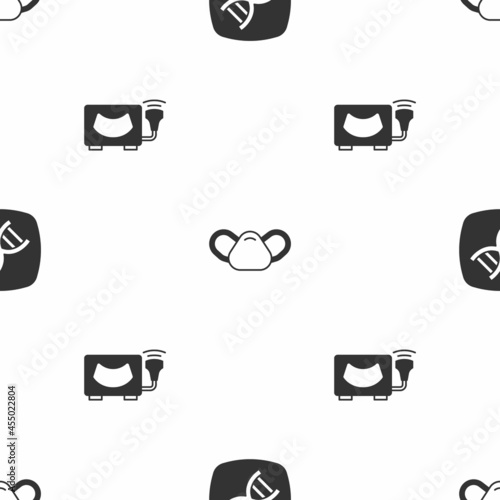 Set DNA symbol, Medical protective mask and Ultrasound on seamless pattern. Vector