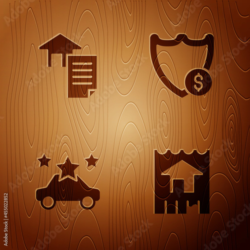 Set House, contract, Car sharing and Shield with dollar on wooden background. Vector