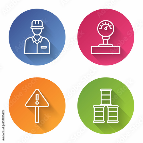 Set line Oilman, Gauge scale, Exclamation mark in triangle and Barrel oil. Color circle button. Vector