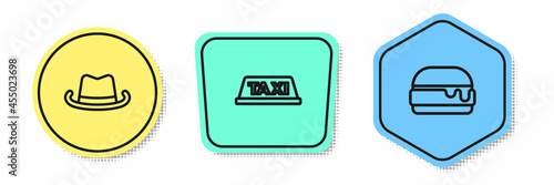 Set line Western cowboy hat, Taxi car roof and Burger. Colored shapes. Vector