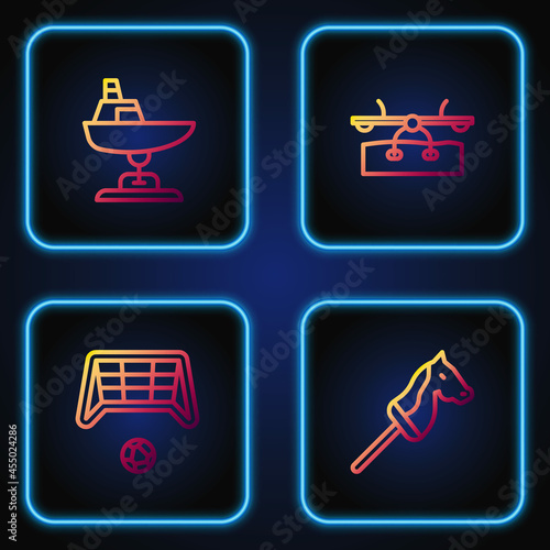 Set line Toy horse, Soccer goal with ball, Swing boat and Seesaw. Gradient color icons. Vector