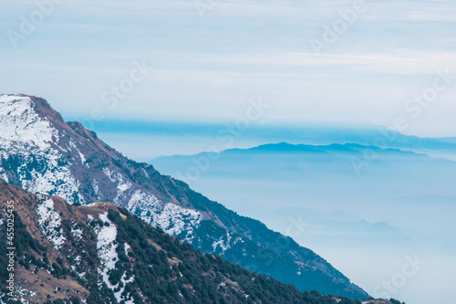 View of Himalayan mountains during winter at Triund, Dharamshala