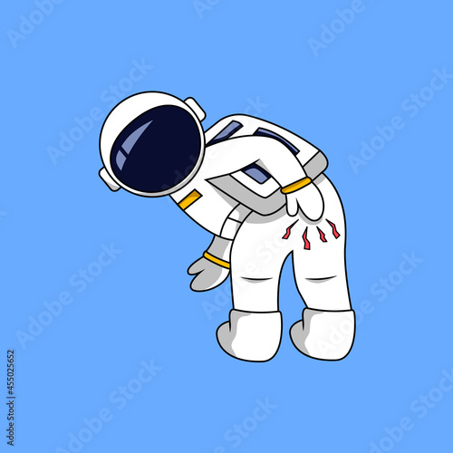 Astronaut wiping butt pain hurt flat vector cartoon illustration