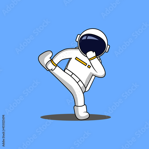 Astronaut side kick karate pose flat vector cartoon illustration