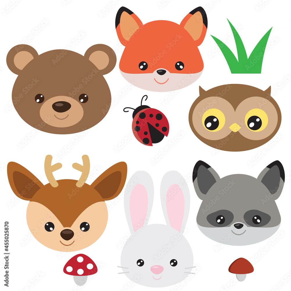 Fototapeta premium Forest animal baby face vector cartoon illustration