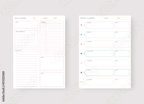 Daily and weekly planner template. Set of planner and to do list. Modern planner template set. Vector illustration.