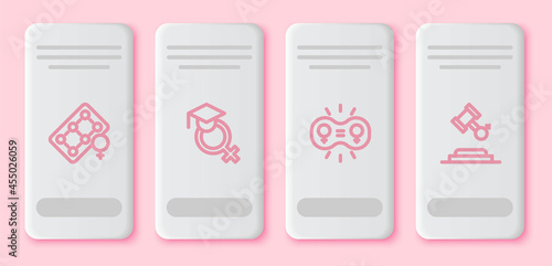 Set line Packaging of birth control pills, Teacher, Gender equality and Female rights. White rectangle button. Vector