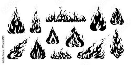 Hand drawn flame. Vintage sketch of devils fire engraving. Retro silhouette of bonfire. Black and white fireplace icons. Wildfire or ignition signs mockup. Vector blaze stencil set