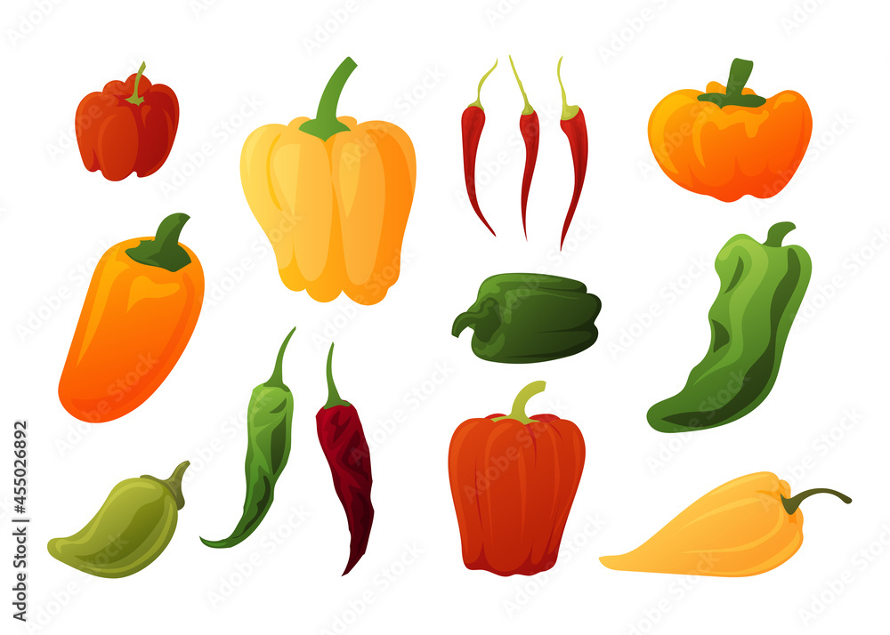Cartoon pepper. Healthy organic vegetables. Orange and red sweet paprika. Chilli bell and pimento. Green jalapeno. Isolated farm crop. Mexican cuisine ingredients. Vector seasoning set Cartoon pepper. Healthy organic vegetables. Orange and red sweet paprika. Chilli bell and pimento. Green jalapeno. Isolated farm crop. Mexican cuisine ingredients. Vector seasoning set