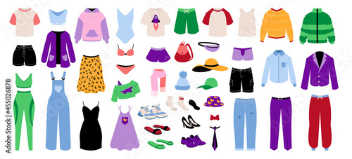 Cartoon clothes. Fashion men or women garments. Children clothing. Casual and business jackets. Seasonal outfits. Isolated pants and shirts. Summer shoes. Vector wardrobe elements set