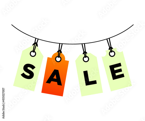 Sale signboard isolated on white background, orange labels suspended on ropes. For banner ads, big discounts and black friday