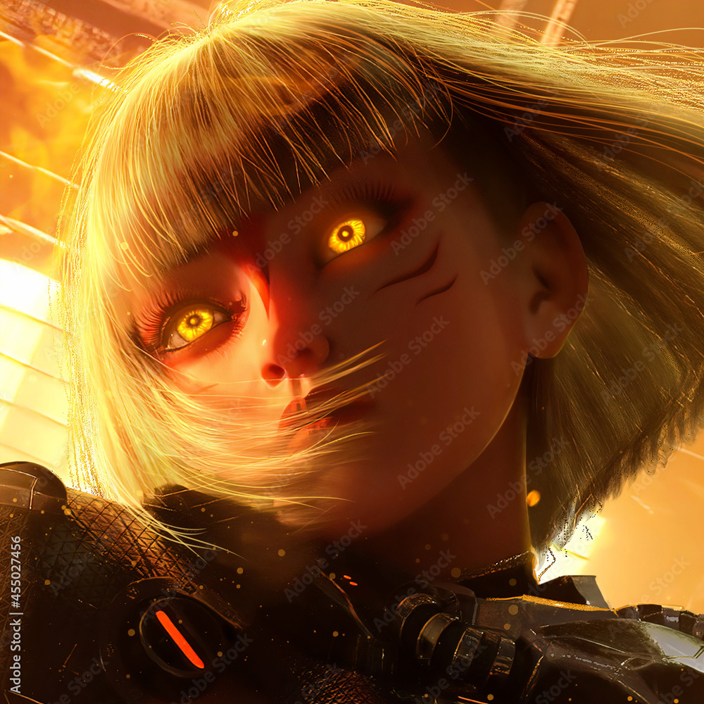 A beautiful cyborg girl with fiery yellow eyes looks unfeelingly and  ominously ahead on a fiery