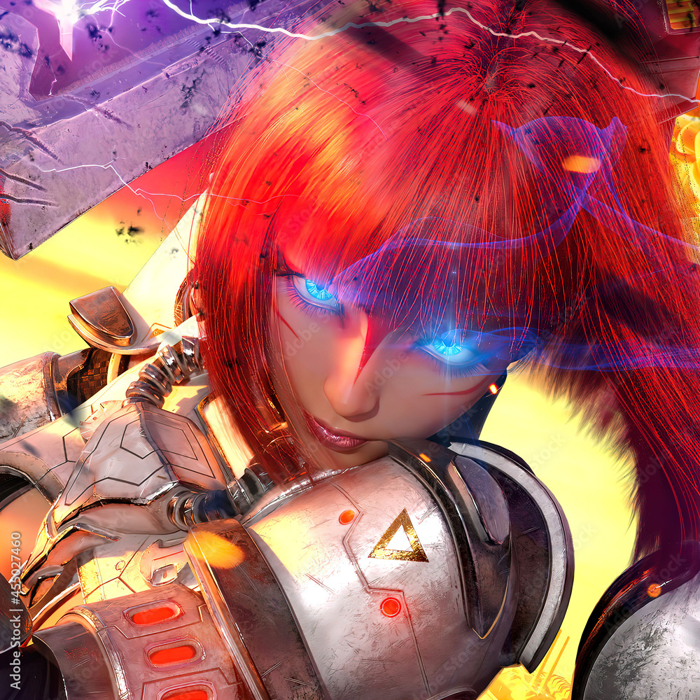 A beautiful girl with red fiery hair in the style of Sci Fi boldly ...