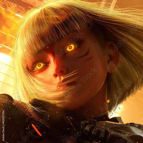 A beautiful cyborg girl with fiery yellow eyes looks unfeelingly and ominously ahead on a fiery background, she has blonde square hair and tattoos on her face, in the anime style. 3d rendering photo