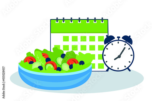 Weight loss program plan resolution concepts. Vegetables salad with calendar date and time.